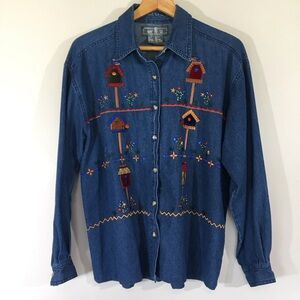 Way To Go Embroidered Patchwork Birdhouse‎ Chambray Shirt